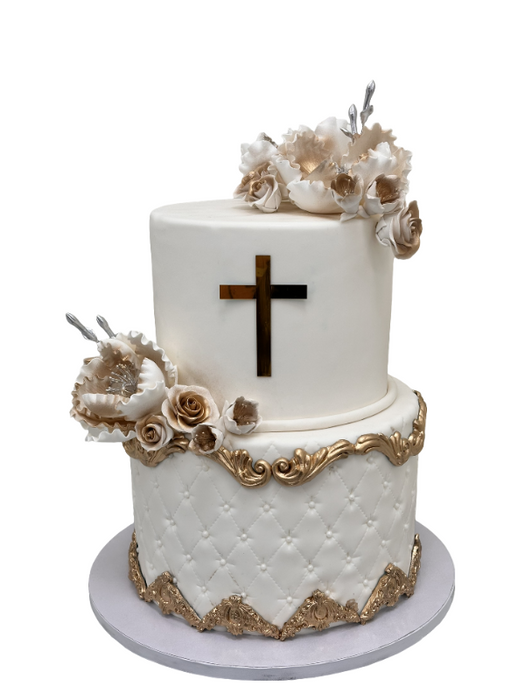 Baptism Cake Gold and White